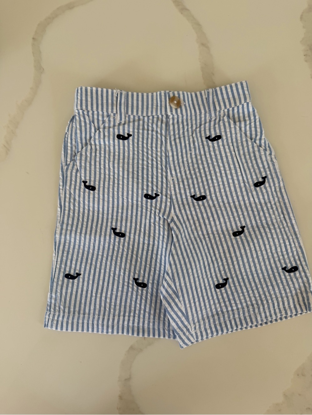 Kids Blue & White Striped Whale Embroidered Shorts